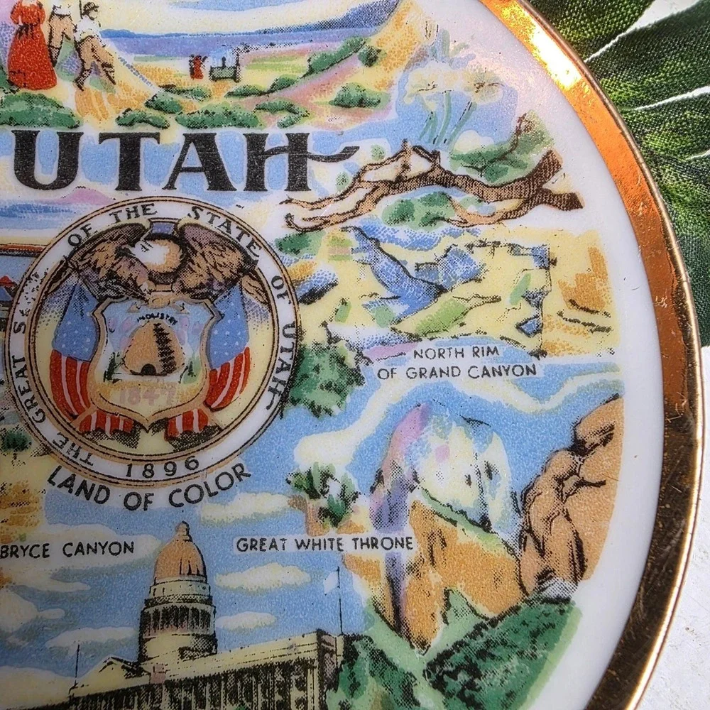Vintage Utah Mini Souvenir Plate Mormon Pioneers Salt Lake Scenic Gold Rim‎ 4 in